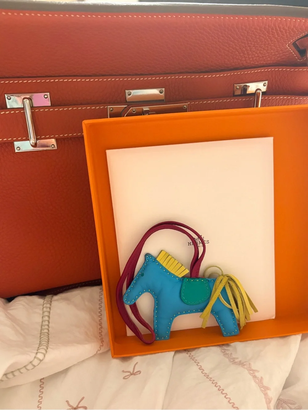 Hermes Blue Leather Horse Charm with Pink Strap and Yellow Mane